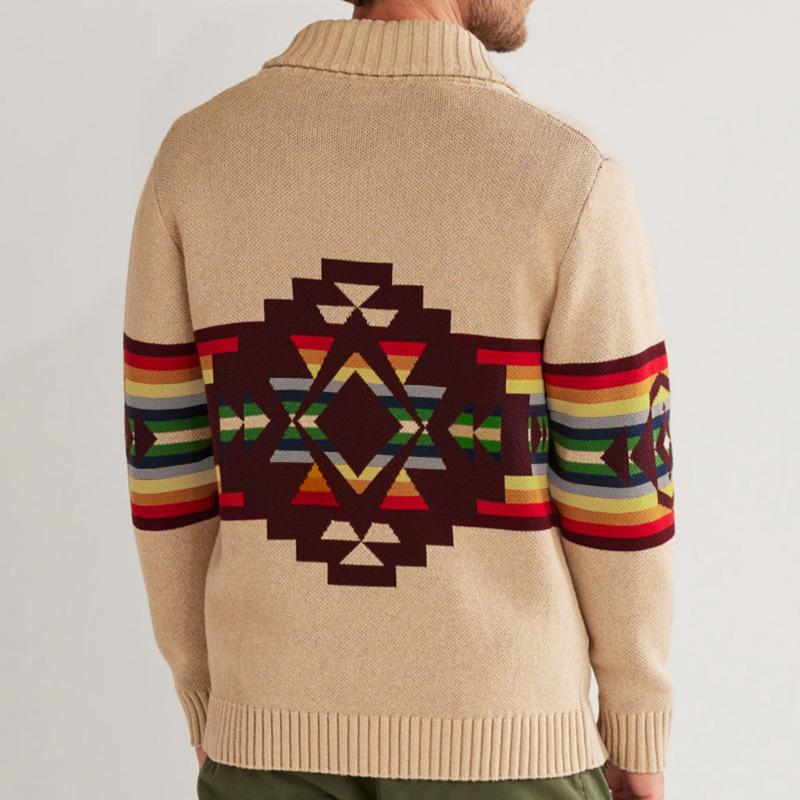 Mens Vintage Colorblock Stripe Jacquard Lapel Single Breasted Knit Cardigan 44586298M