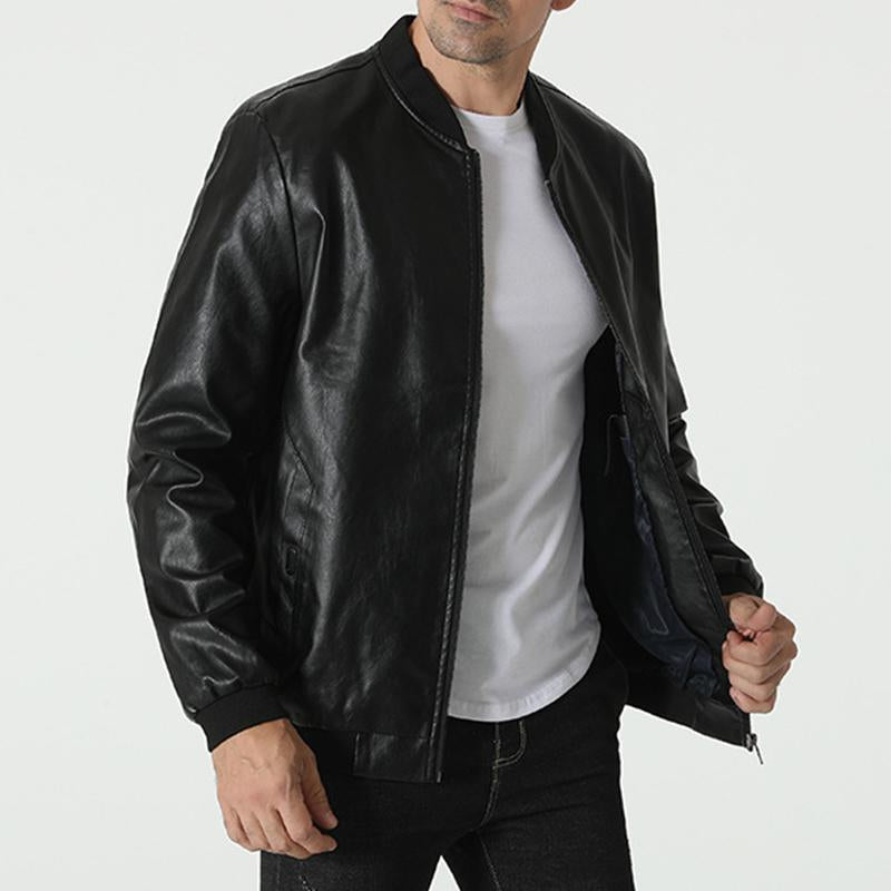 Mens Casual Solid Color Simple Baseball Collar Leather Jacket 75180694M