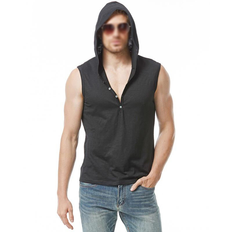Mens Casual Solid Color V Neck Hooded Sleeveless Tank Top 03939558M