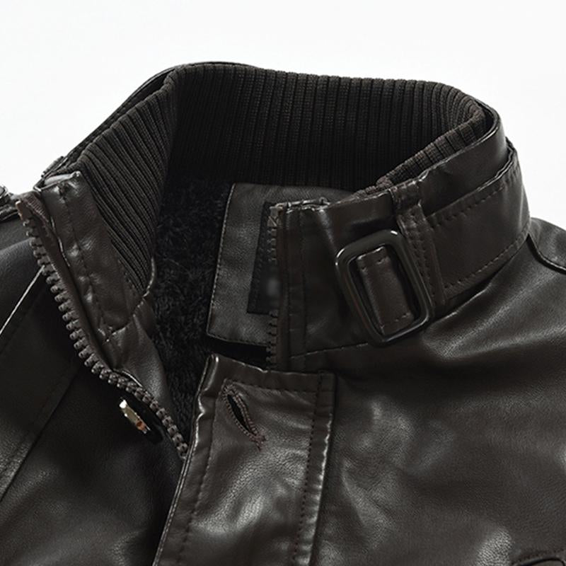 Mens Vintage Stand Collar Thickened Warm Mid-Length Zippered Leather Coat 59546013M