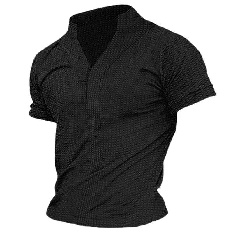Mens Casual Solid Color Waffle V-Neck Short Sleeve T-Shirt 56903657Y