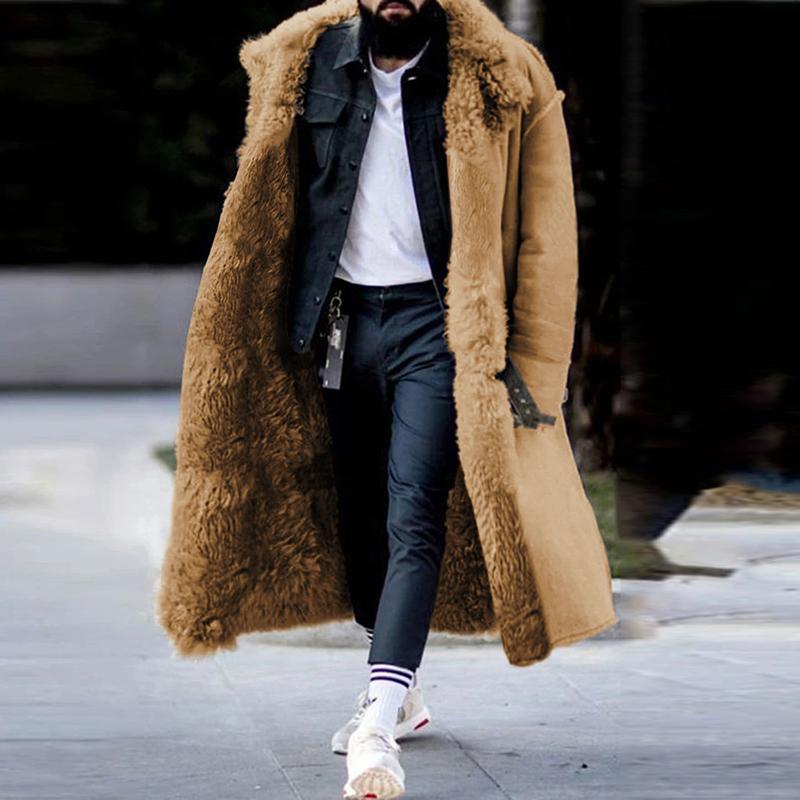 Mens Casual Faux Fur Warm Lapel Thickened Long Coat 43296502M