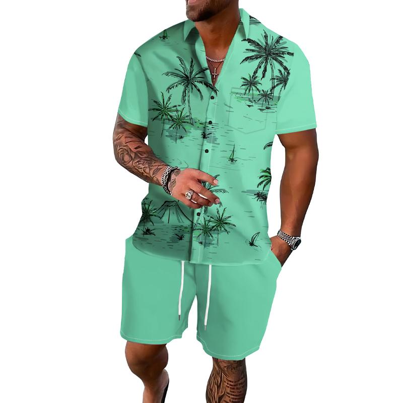 Mens Coconut Print Lapel Button Shirt Short Sleeve Board Shorts Set 98328277X