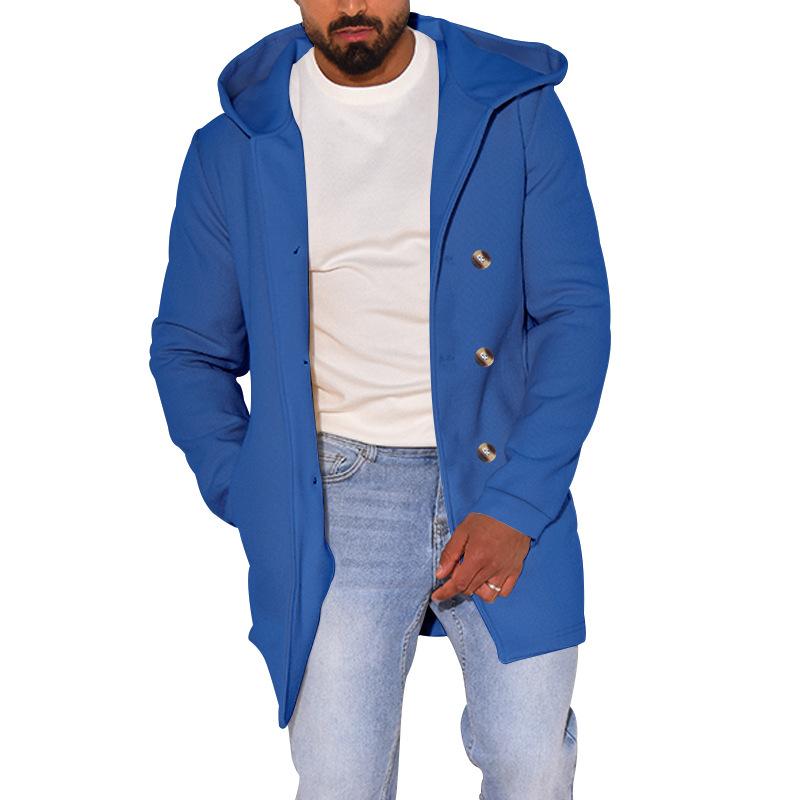 Mens Casual Solid Color Hooded Double-Breasted Long-Sleeved Windbreaker Coat 75393134M