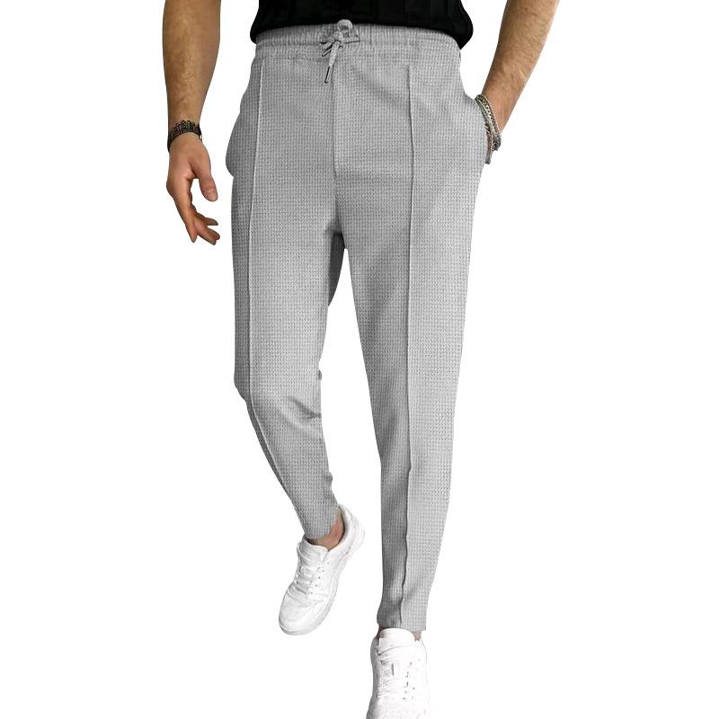 Mens Solid Waffle Elastic Waist Slim Casual Trousers 33746822Z