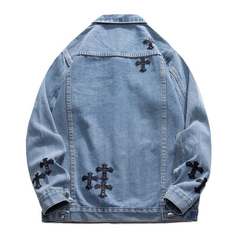 Mens Fashion Cross Patch Lapel Single Breasted Denim Jacket 84136194M