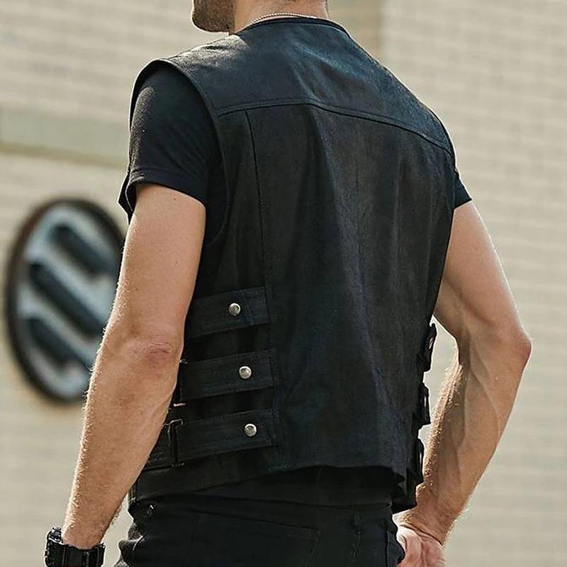 Mens Vintage Solid Color Chest Pocket Collarless Leather Vest 89985087Y