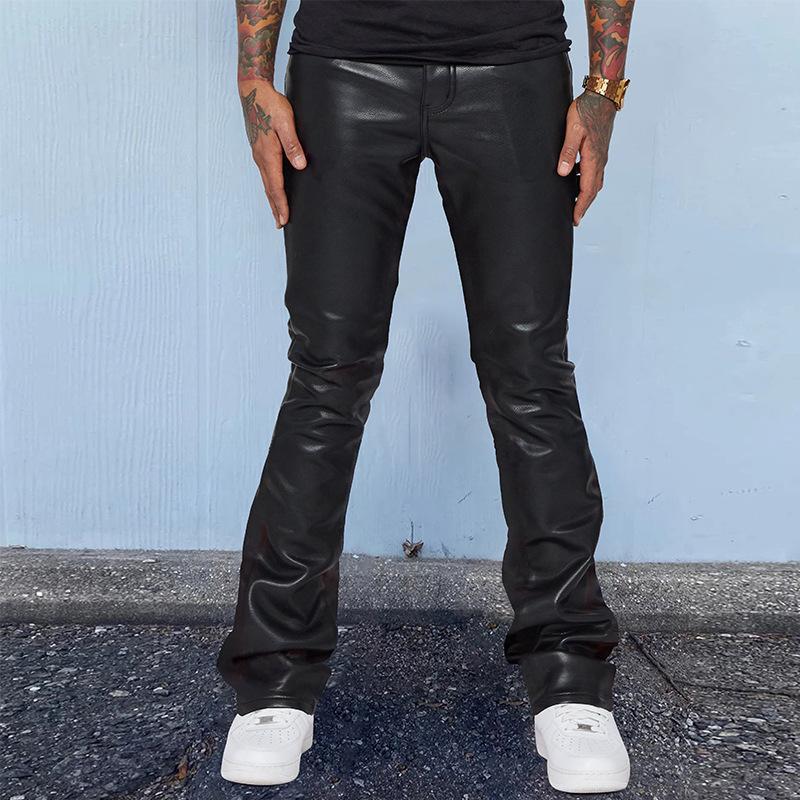 Mens Vintage Solid Color Mid-Rise Loose Thin Leather Pants 74802851M