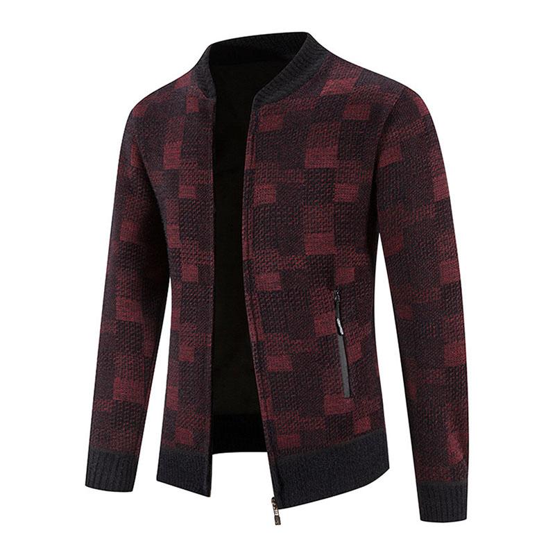 Mens Casual Plaid Fleece Baseball Collar Zipper Fly Knit Jacket 23445833M