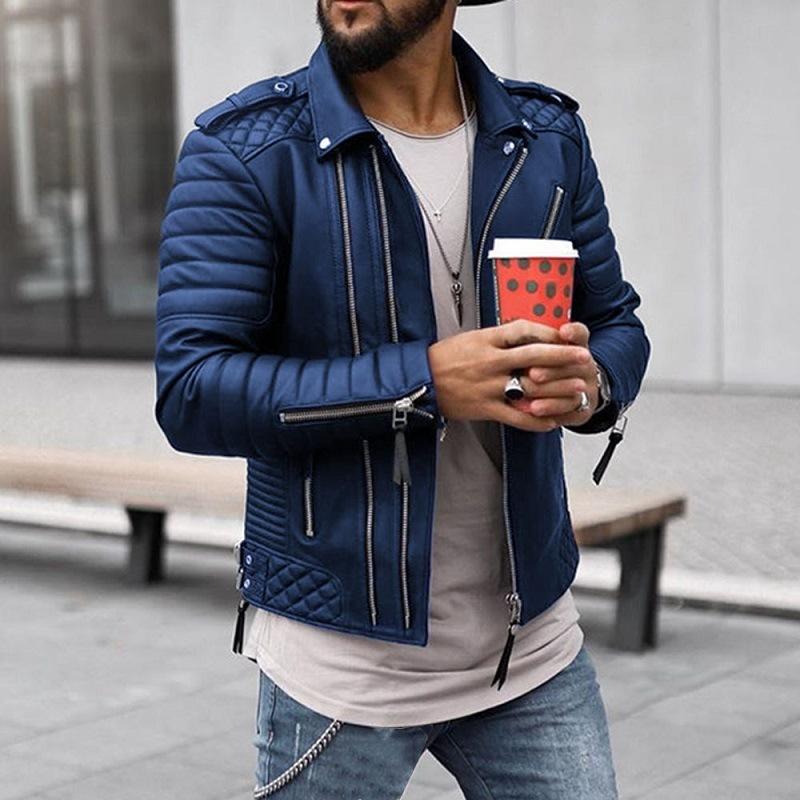 Mens Quilted Thick Lapel Zipper Leather Jacket 23255813X