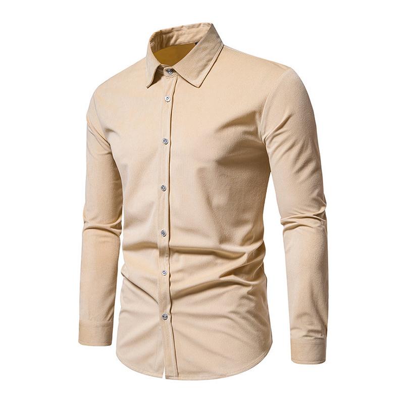 Mens Casual Solid Color Corduroy Slim Lapel Button Long Sleeve Shirt 82245034M