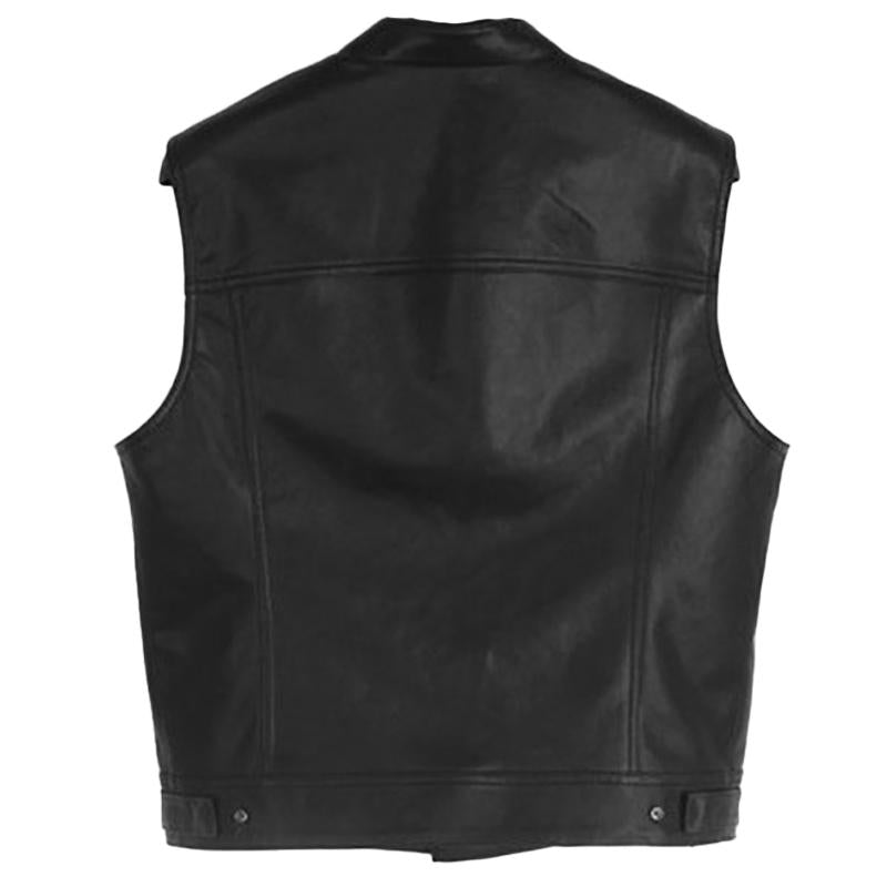 Mens Vintage Solid Color Motorcycle Stand Collar Leather Vest 91998277Y