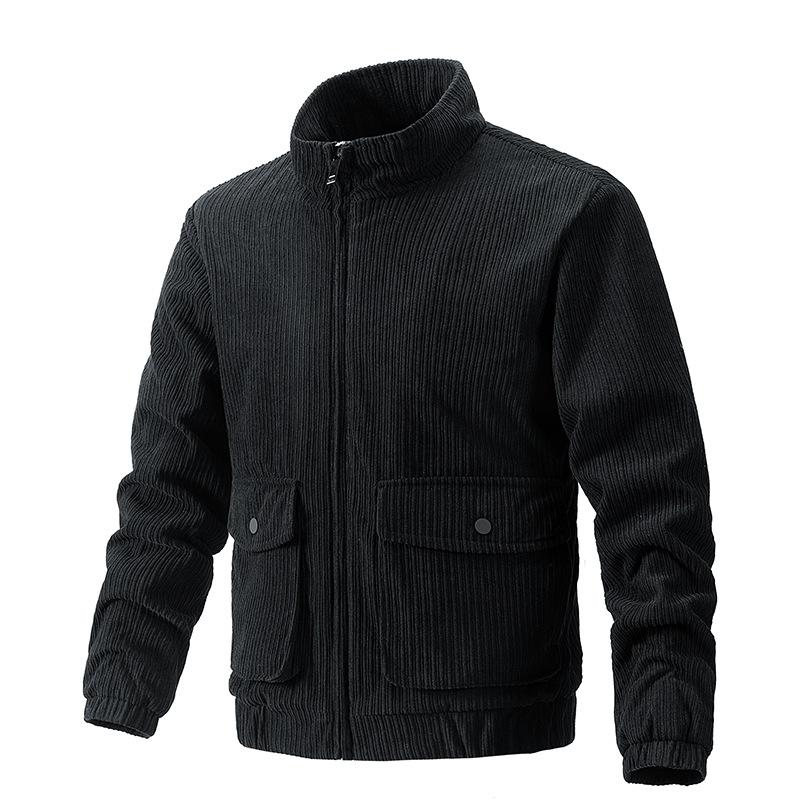 Mens Corduroy Solid Color Stand Collar Cargo Casual Jacket 08152342X