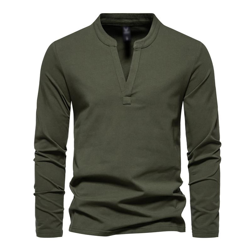 Mens Casual Solid Color V-Neck Loose Long-Sleeved T-Shirt 11957620M