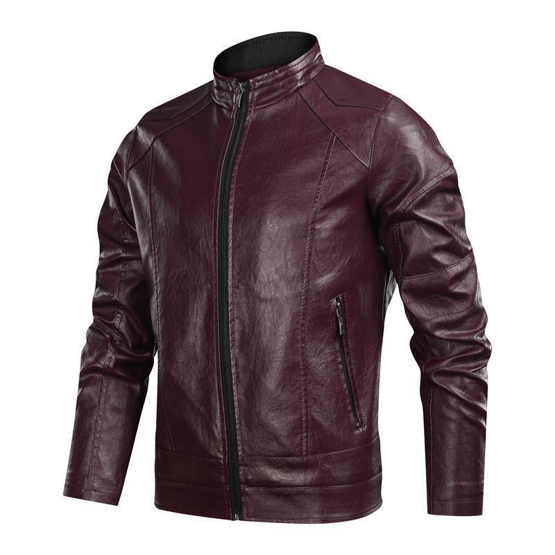 Mens Solid Color Stand Collar Leather Motorcycle Jacket 93017058X
