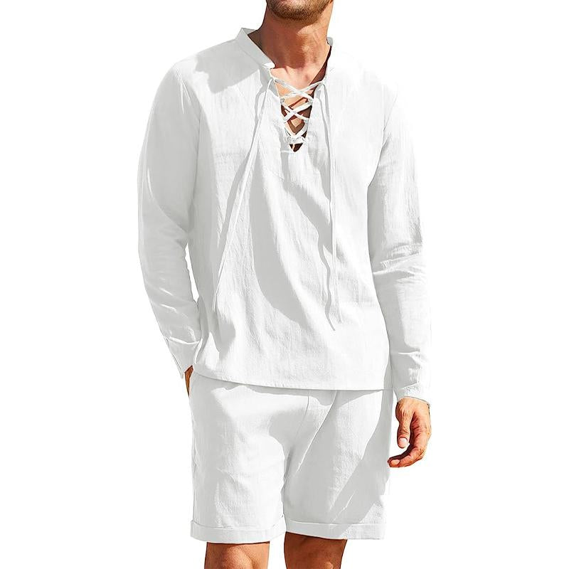 Mens Casual Solid Color Cotton Bandage Stand Collar Long Sleeve Shirt Shorts Set 59552911Y