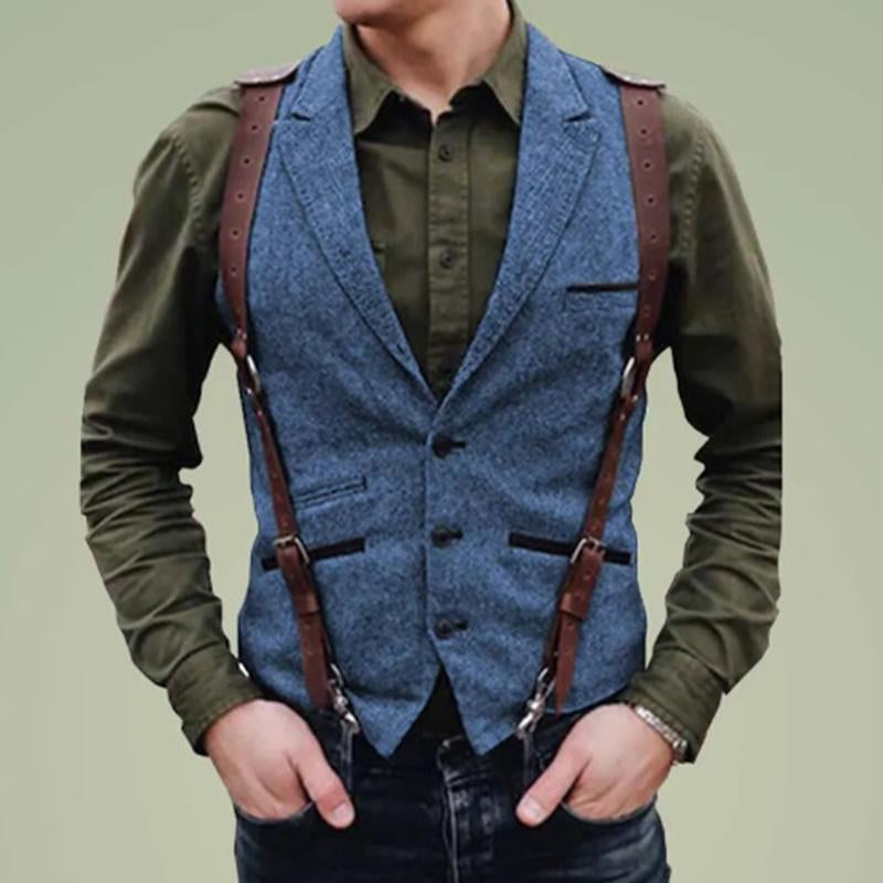 Mens Vintage Lapel Single-Breasted Multi-pocket Herringbone Vest 59356841M