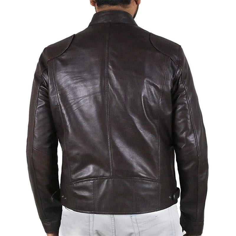 Mens Vintage Stand Collar Zipper Pocket Slim Leather Jacket 19024793M