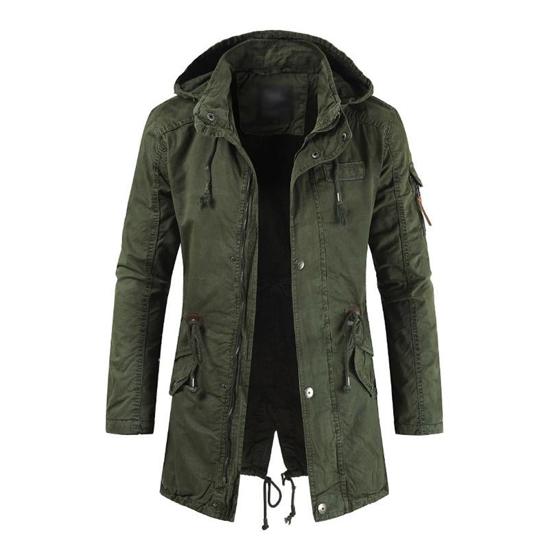 Mens Vintage Washed Mid-Length Back Slit Stand Collar Hooded Windbreaker Coat 50966674M