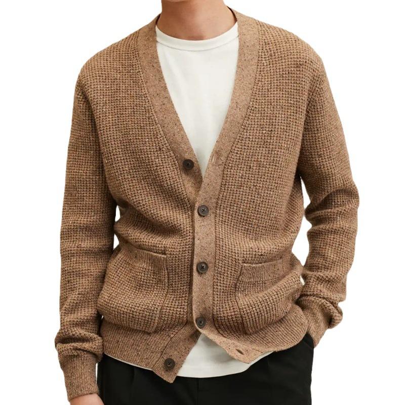 Mens Casual V-Neck Thick Solid Color Knitted Cardigan 91052218M
