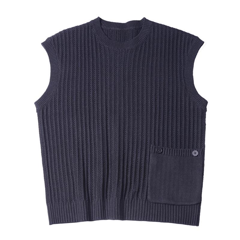 Mens Loose Solid Color Stitching Pocket Round Neck Sweater Vest 01149208Y