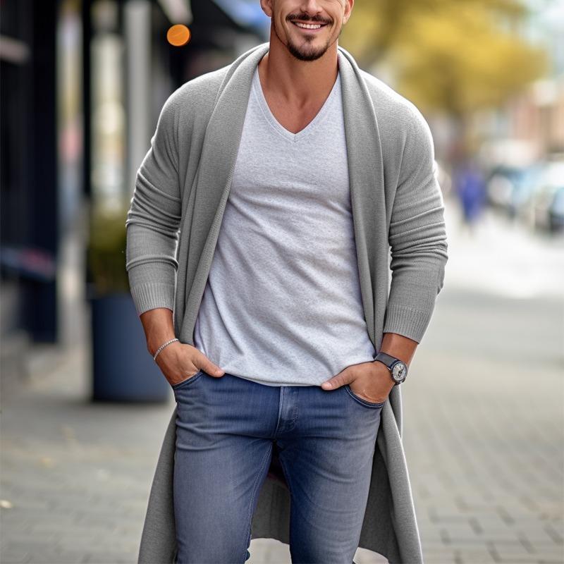 Mens Casual Solid Color Mid-Length Long-Sleeved Knitted Cardigan 40619426M