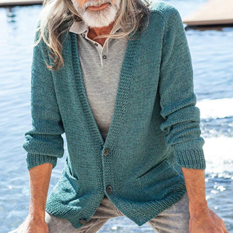 Mens Casual V-Neck Solid Color Single-Breasted Knitted Cardigan 94357944M