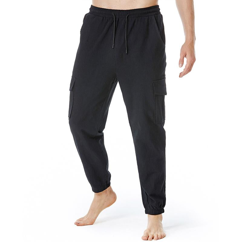 Mens Casual Solid Color Cotton Linen Multi Pocket Trousers 19617055Y