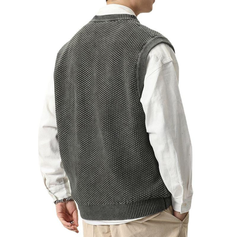 Mens Vintage Solid Color V-Neck Loose Pullover Knit Vest 09992875Y