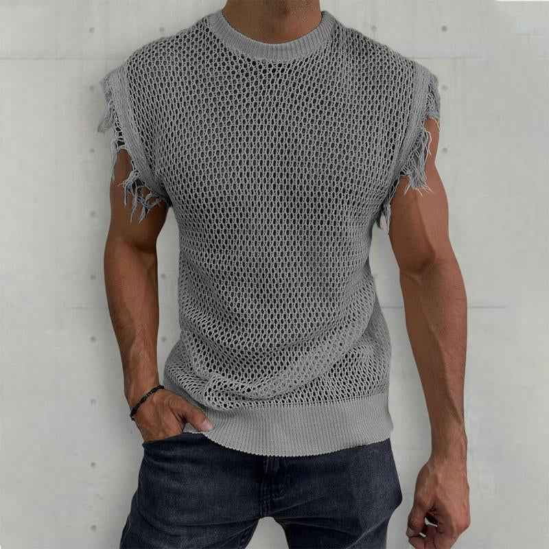 Mens Casual Solid Color Knitted Round Neck Sleeveless Hollow Tank Top 40348544Y