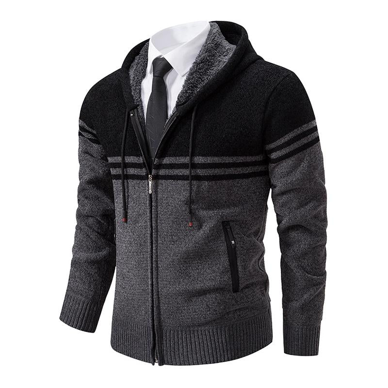 Mens Casual Colorblock Fleece Warm Zip Hooded Knitted Cardigan 19223129M
