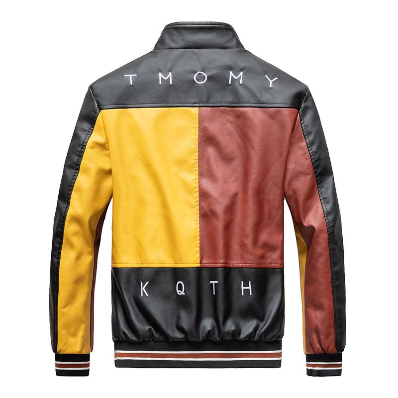 Mens Fashion Color Block Stand Collar Fleece Warm Motorcycle Leather Jacket 74032046M
