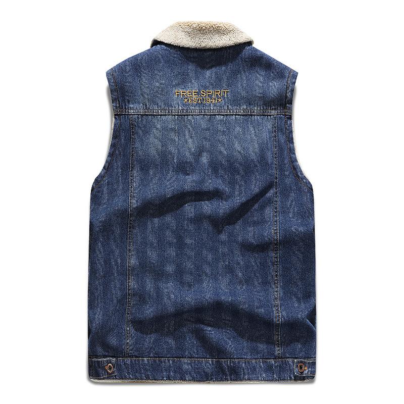 Mens Vintage Warm Fleece Lapel Multi Pocket Denim Vest 36995725Y