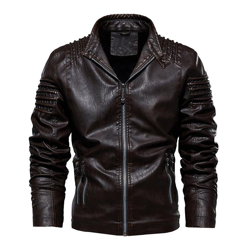 Mens Vintage Distressed Stand Collar Zippered Motorcycle Leather Jacket 12897652M