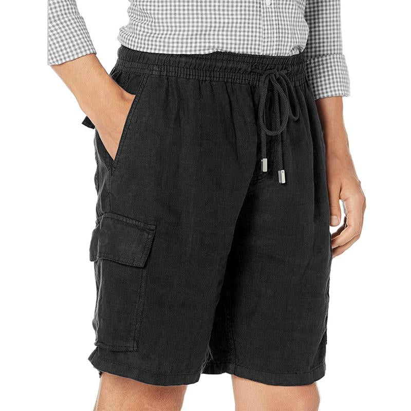 Mens Casual Solid Color Cotton Linen Multi-Pocket Drawstring Shorts 01649333Y