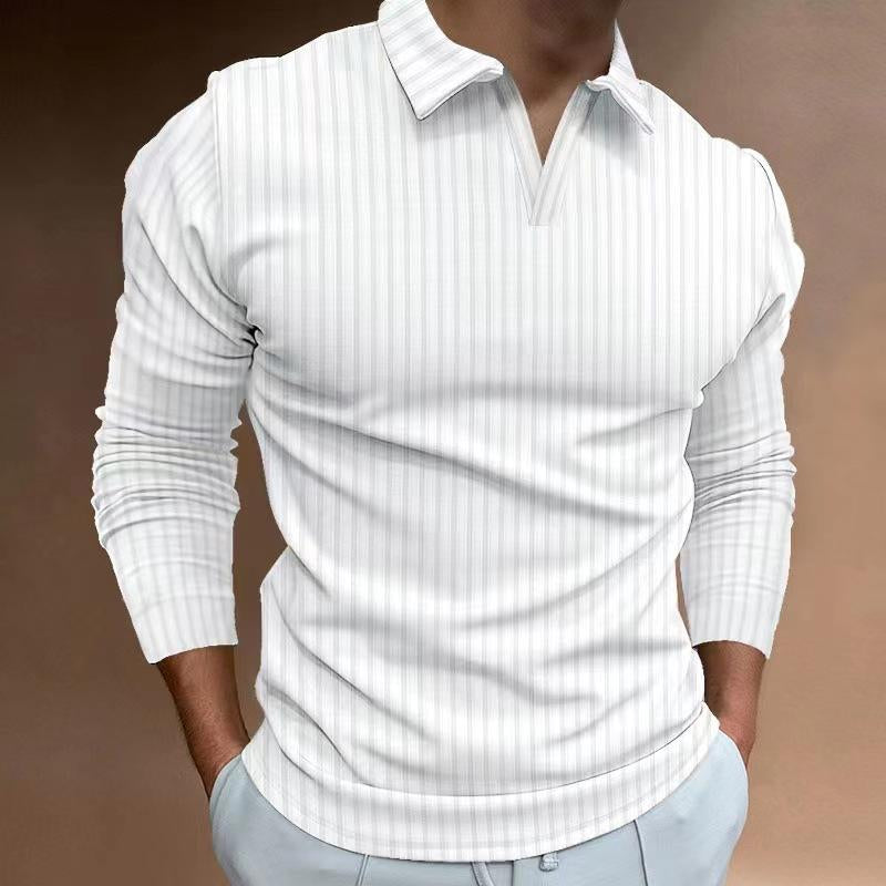 Mens Casual Solid Color Striped V-Neck Long Sleeve POLO Shirt 93502950Y