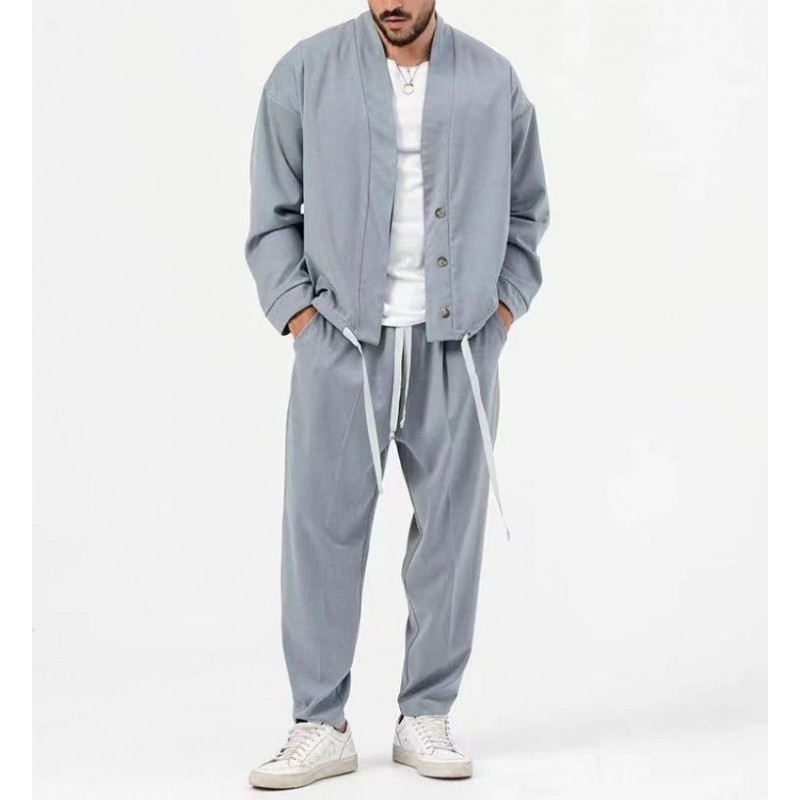 Mens Solid Loose Collarless Cardigan Trousers Casual Set 26852204Z