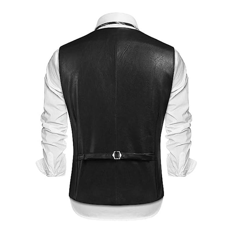Mens Vintage V Neck Slim Single Breasted Leather Vest 90958464M