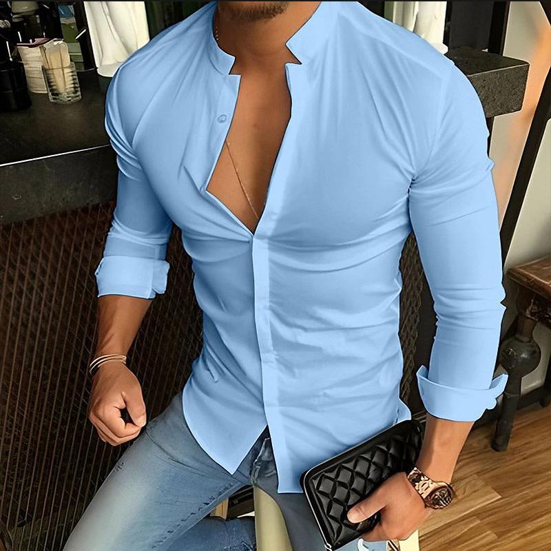 Mens Casual Fashion Solid Color Stand Collar Long Sleeve Shirt 79136189X