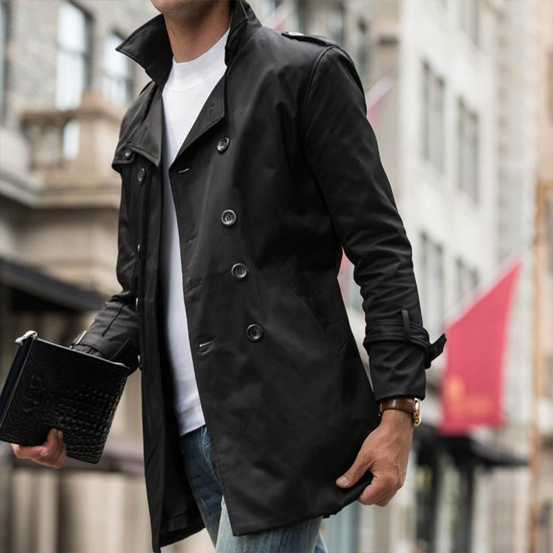 Mens British Style Mid-Length Slim Belted Lapel Double-Breasted Trench Coat 12290371M