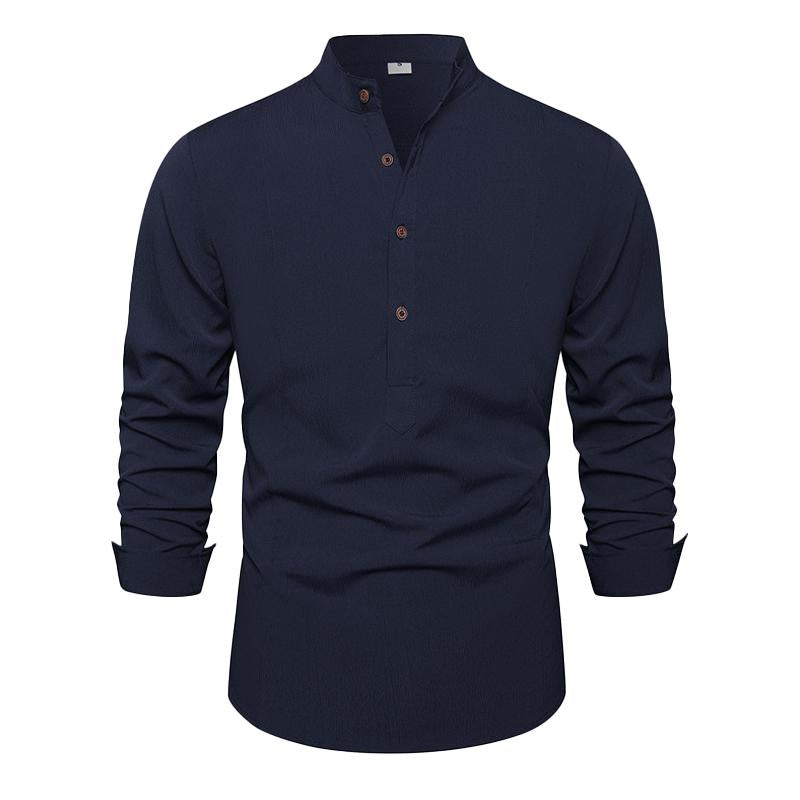 Mens Solid Color Simple Stand Collar Loose Casual Long Sleeve Shirt 01867878X