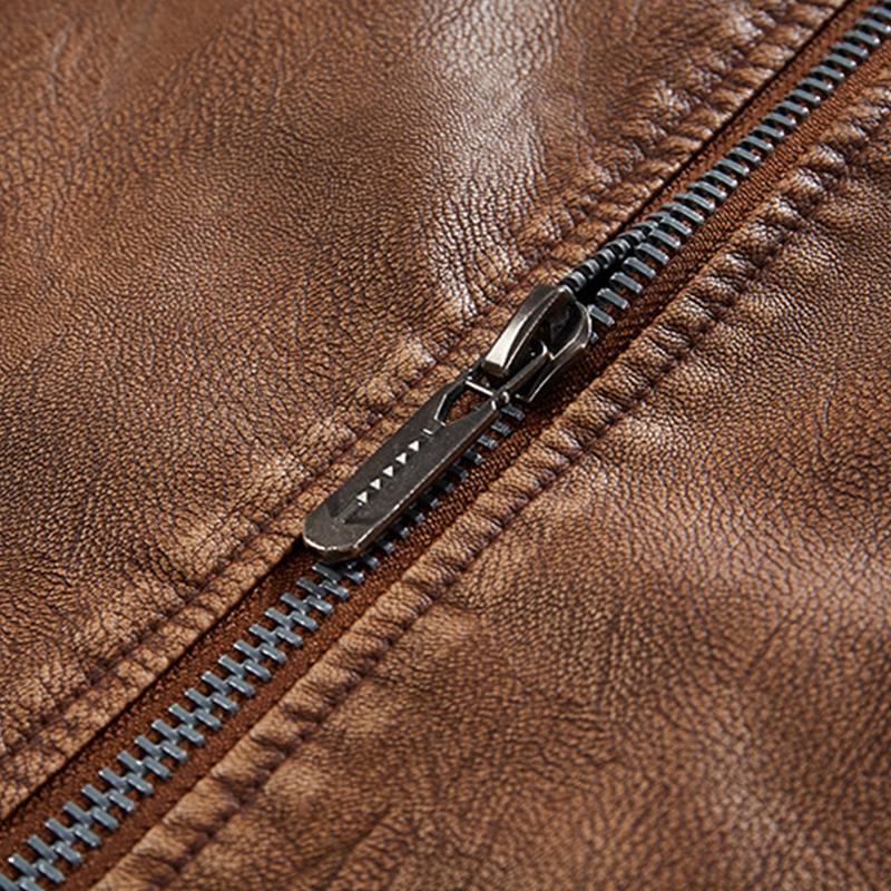 Mens Vintage Distressed Stand Collar Zippered Motorcycle Leather Jacket 12897652M