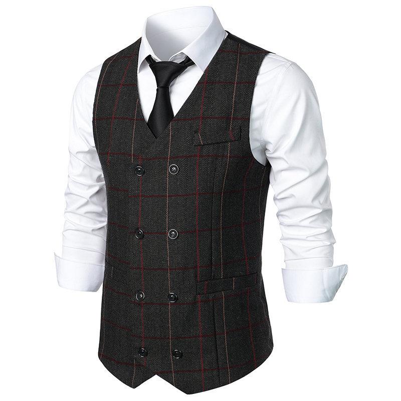 Mens Vintage Plaid V Neck Double Breasted Suit Vest 70463888Z