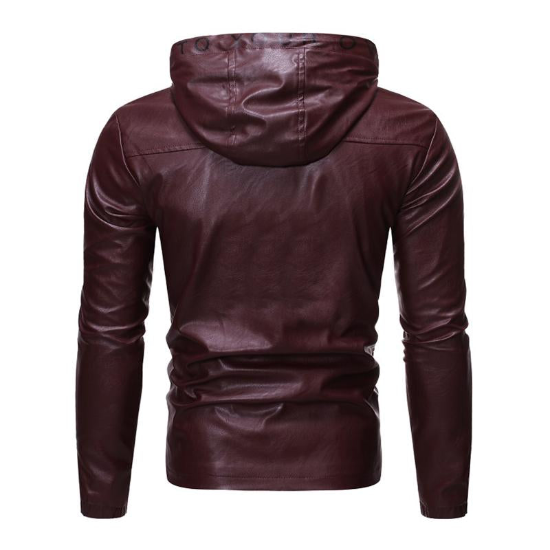 Mens Fashion Hooded Long Sleeve Zippered Leather Jacket 39712909M