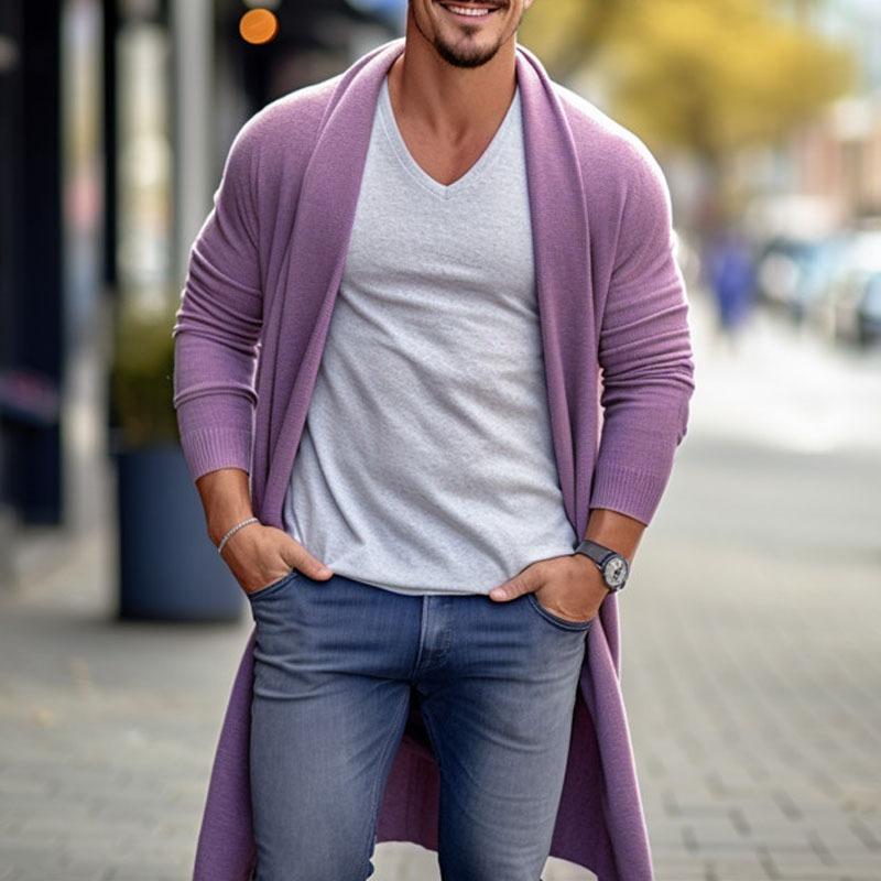 Mens Casual Solid Color Mid-Length Long-Sleeved Knitted Cardigan 40619426M
