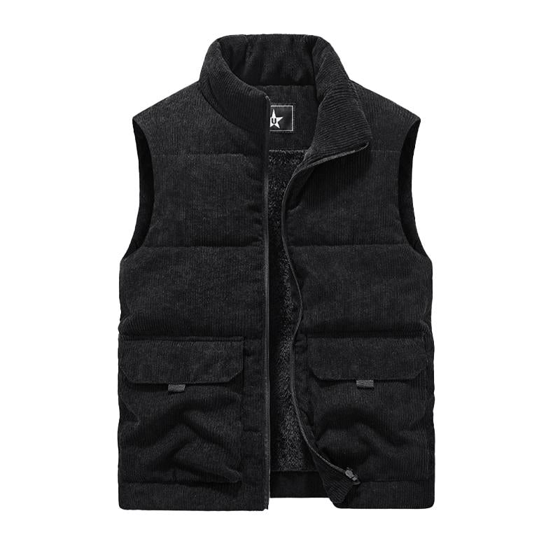 Mens Casual Solid Color Corduroy Warm Fleece Multi-Pocket Vest 62955730Y