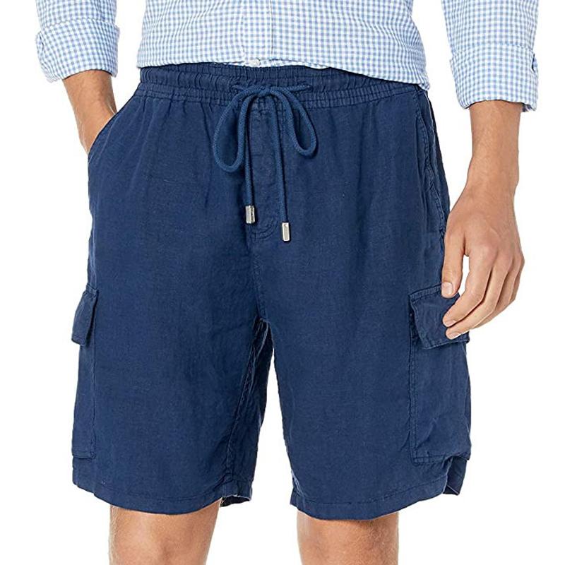 Mens Casual Solid Color Cotton Linen Multi-Pocket Drawstring Shorts 01649333Y