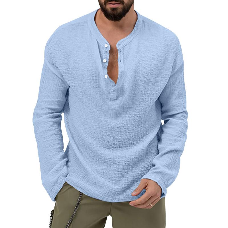 Mens Solid Loose Henley Collar Long Sleeve Shirt Trousers Set 26131708Z