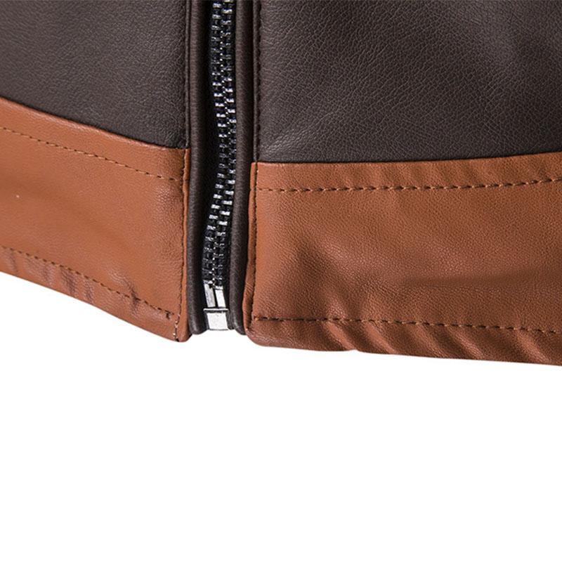 Mens Vintage Contrast Stand Collar Zipper Motorcycle Leather Jacket 44707249M