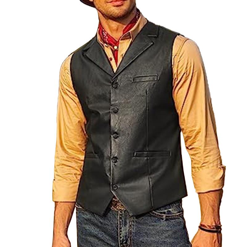 Mens Vintage V Neck Slim Single Breasted Leather Vest 90958464M